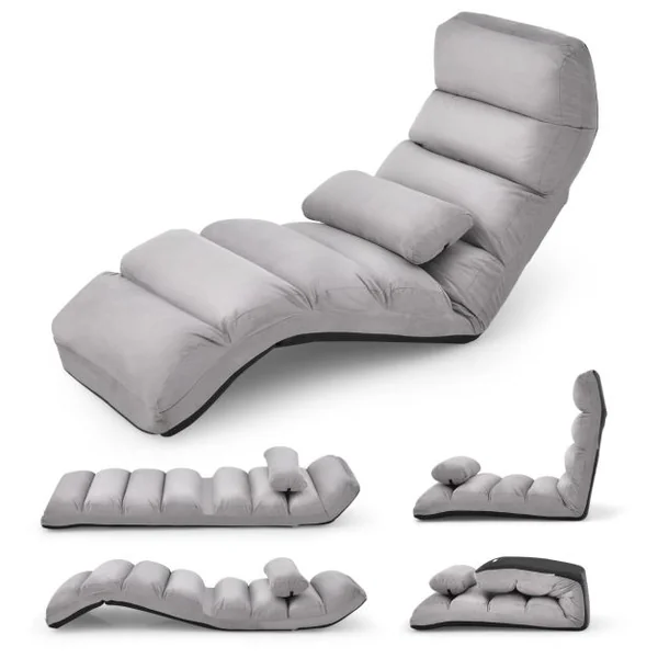 Fauteuil Relax Pliable Réglable sur 5 Positions en Faux Daim Chaise de Sol pour Salon, Mobilier de Bureau Chambre Gris