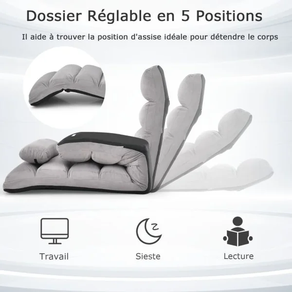 Fauteuil Relax Pliable Réglable sur 5 Positions en Faux Daim Chaise de Sol pour Salon, Mobilier de Bureau Chambre Gris