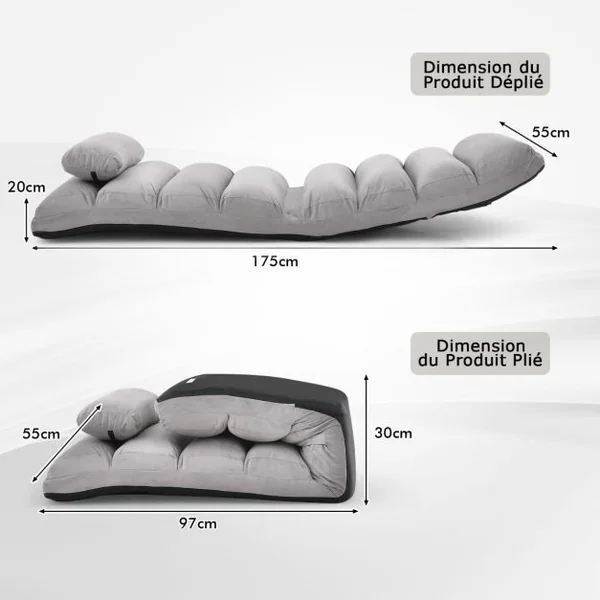 Fauteuil Relax Pliable Réglable sur 5 Positions en Faux Daim Chaise de Sol pour Salon, Mobilier de Bureau Chambre Gris