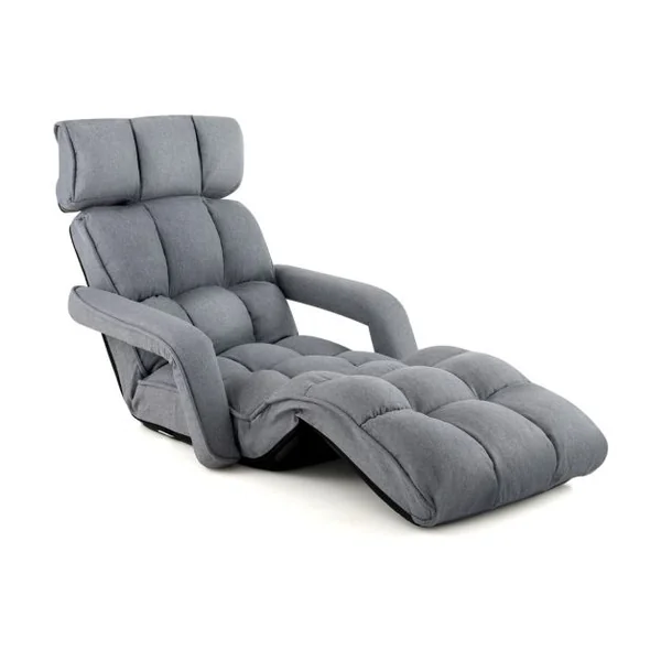Fauteuil Relax pour Salon Chaise de Sol Méridienne Dossier Réglable à 5 Angles avec Appui-tête et Repose-pieds Gris