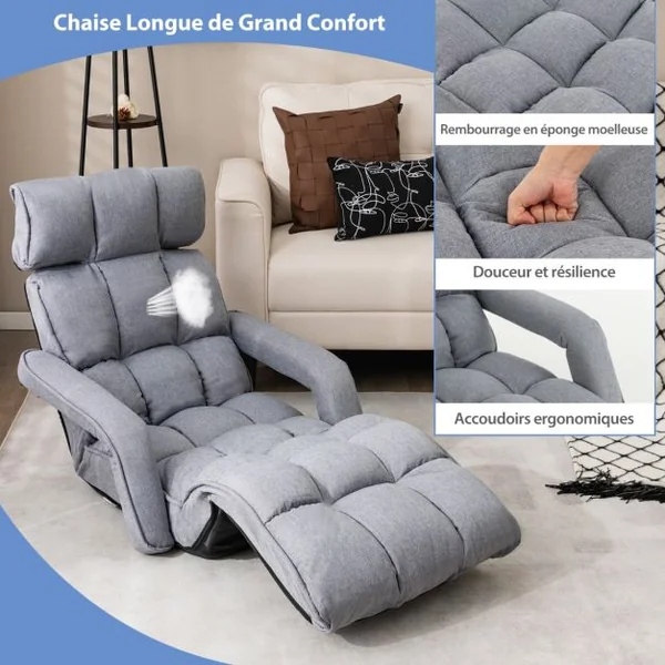 Fauteuil Relax pour Salon Chaise de Sol Méridienne Dossier Réglable à 5 Angles avec Appui-tête et Repose-pieds Gris