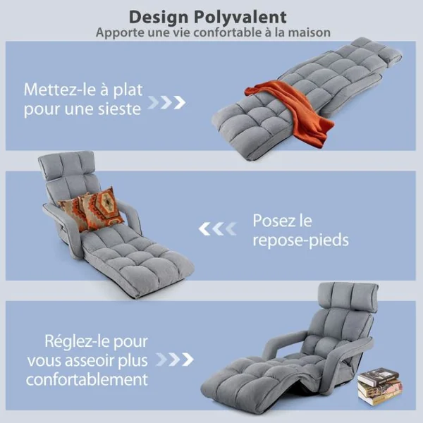 Fauteuil Relax pour Salon Chaise de Sol Méridienne Dossier Réglable à 5 Angles avec Appui-tête et Repose-pieds Gris