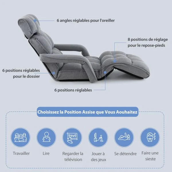 Fauteuil Relax pour Salon Chaise de Sol Méridienne Dossier Réglable à 5 Angles avec Appui-tête et Repose-pieds Gris