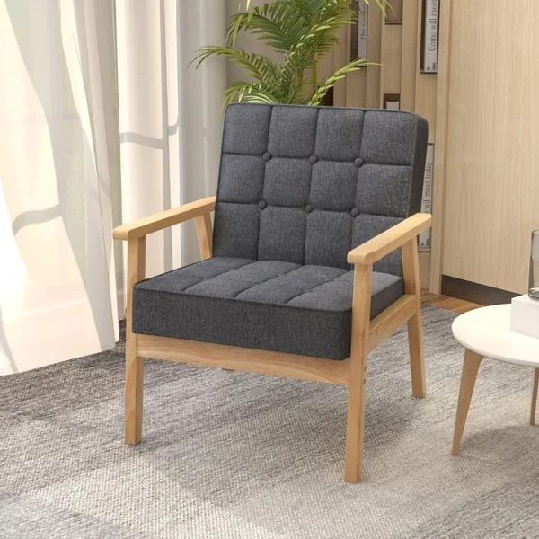 Fauteuil Rembourré Chaise d'Appoint Moderne Accoudoirs en Bois d'Hévéa Tissu Polyester Respirant Ressorts Intégrés Gris