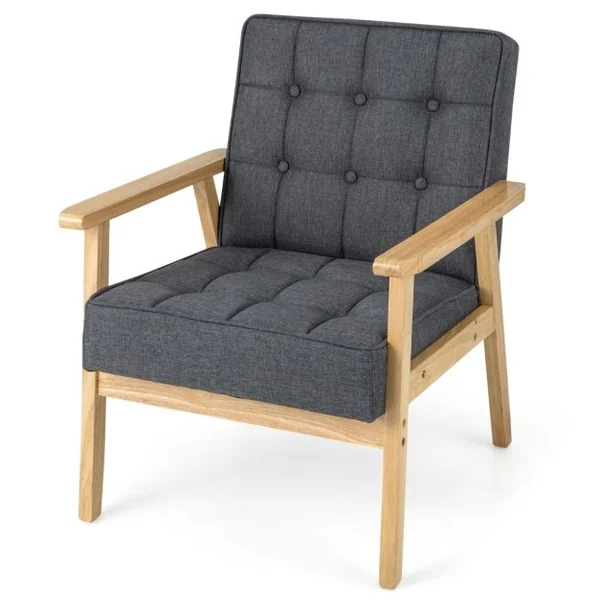 Fauteuil Rembourré Chaise d'Appoint Moderne Accoudoirs en Bois d'Hévéa Tissu Polyester Respirant Ressorts Intégrés Gris