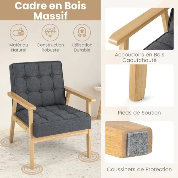 Fauteuil Rembourré Chaise d'Appoint Moderne Accoudoirs en Bois d'Hévéa Tissu Polyester Respirant Ressorts Intégrés Gris