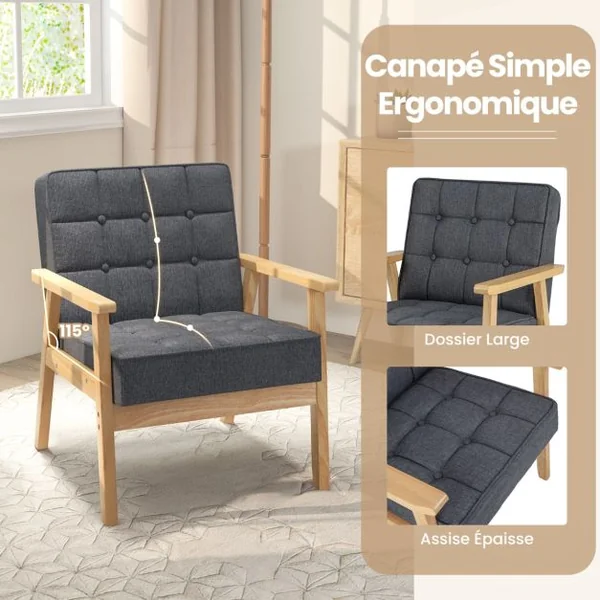 Fauteuil Rembourré Chaise d'Appoint Moderne Accoudoirs en Bois d'Hévéa Tissu Polyester Respirant Ressorts Intégrés Gris