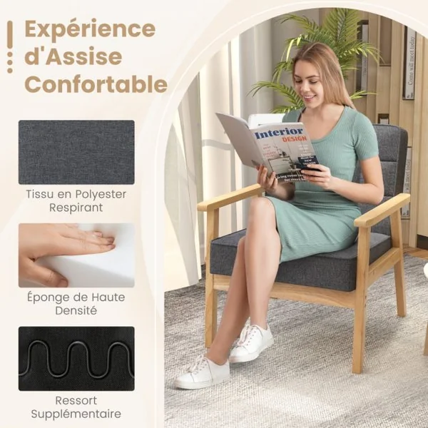 Fauteuil Rembourré Chaise d'Appoint Moderne Accoudoirs en Bois d'Hévéa Tissu Polyester Respirant Ressorts Intégrés Gris