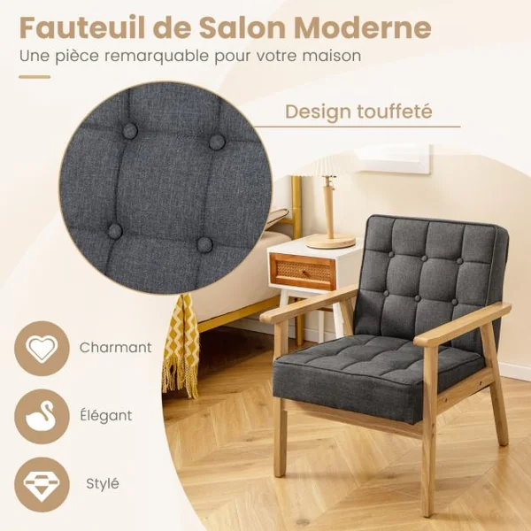Fauteuil Rembourré Chaise d'Appoint Moderne Accoudoirs en Bois d'Hévéa Tissu Polyester Respirant Ressorts Intégrés Gris