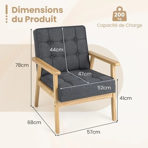 Fauteuil Rembourré Chaise d'Appoint Moderne Accoudoirs en Bois d'Hévéa Tissu Polyester Respirant Ressorts Intégrés Gris