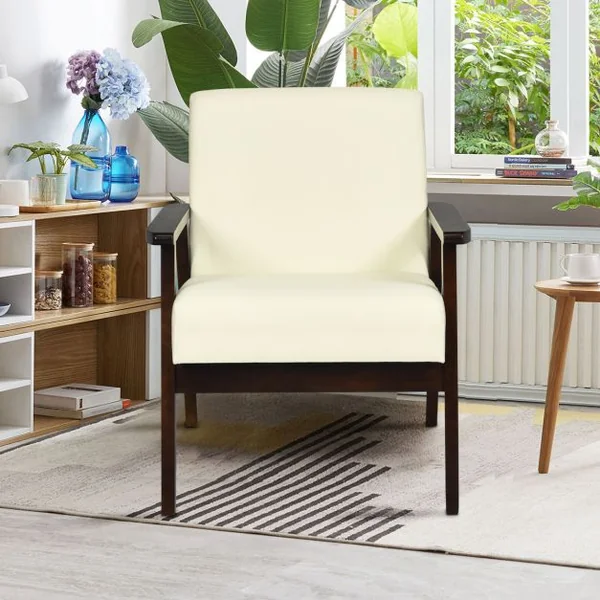 Fauteuil Salon Chaise Rétro Rembourrée Souple Cadre en Bois d'Hévéa Surface en Tissu Lin pour Salon Bureau Balcon Beige