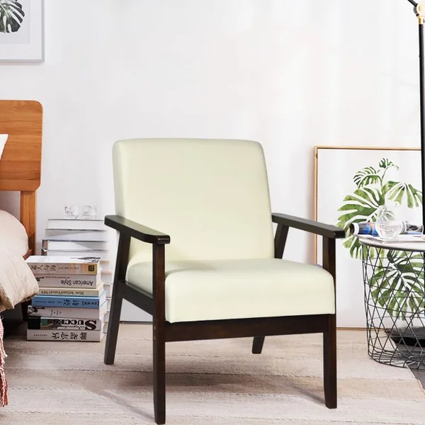 Fauteuil Salon Chaise Rétro Rembourrée Souple Cadre en Bois d'Hévéa Surface en Tissu Lin pour Salon Bureau Balcon Beige