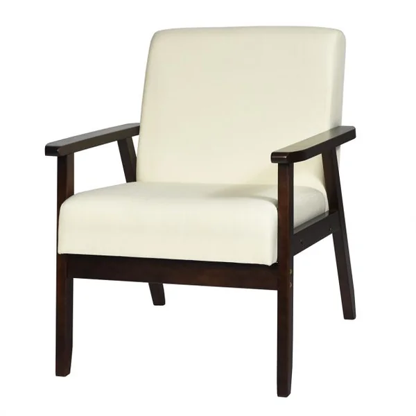Fauteuil Salon Chaise Rétro Rembourrée Souple Cadre en Bois d'Hévéa Surface en Tissu Lin pour Salon Bureau Balcon Beige