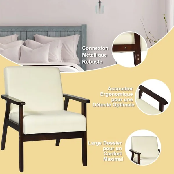 Fauteuil Salon Chaise Rétro Rembourrée Souple Cadre en Bois d'Hévéa Surface en Tissu Lin pour Salon Bureau Balcon Beige