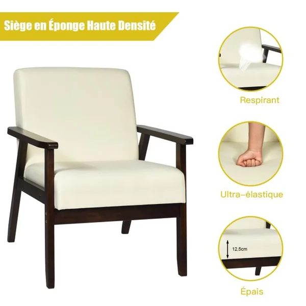Fauteuil Salon Chaise Rétro Rembourrée Souple Cadre en Bois d'Hévéa Surface en Tissu Lin pour Salon Bureau Balcon Beige