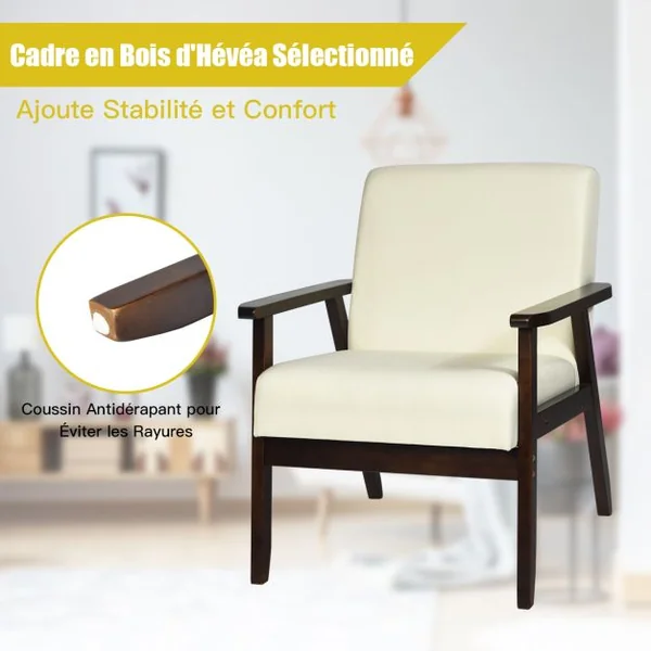Fauteuil Salon Chaise Rétro Rembourrée Souple Cadre en Bois d'Hévéa Surface en Tissu Lin pour Salon Bureau Balcon Beige