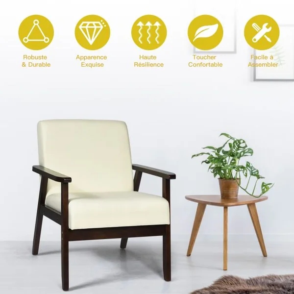 Fauteuil Salon Chaise Rétro Rembourrée Souple Cadre en Bois d'Hévéa Surface en Tissu Lin pour Salon Bureau Balcon Beige