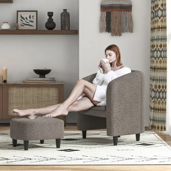 Fauteuil Tonneau avec Repose-pieds Fauteuil Rembourré avec Pouf Velours Doux Cadre en Bois Massif Patins Feutré Antidérapants Beige