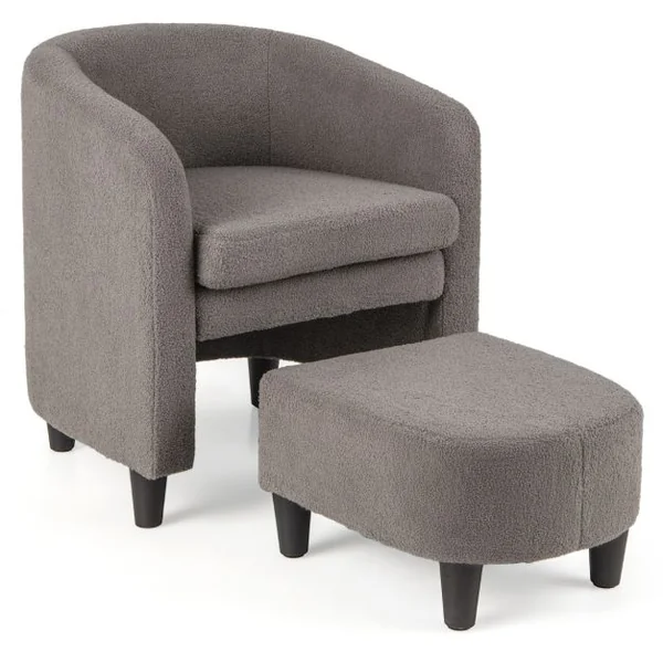 Fauteuil Tonneau avec Repose-pieds Fauteuil Rembourré avec Pouf Velours Doux Cadre en Bois Massif Patins Feutré Antidérapants Beige