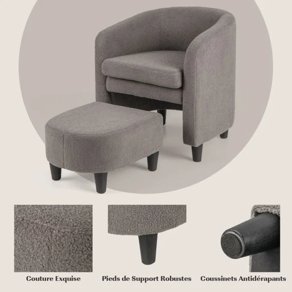 Fauteuil Tonneau avec Repose-pieds Fauteuil Rembourré avec Pouf Velours Doux Cadre en Bois Massif Patins Feutré Antidérapants Beige