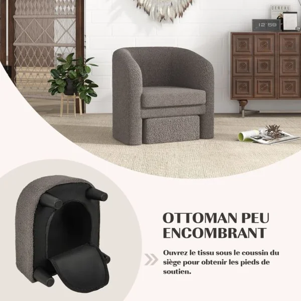 Fauteuil Tonneau avec Repose-pieds Fauteuil Rembourré avec Pouf Velours Doux Cadre en Bois Massif Patins Feutré Antidérapants Beige