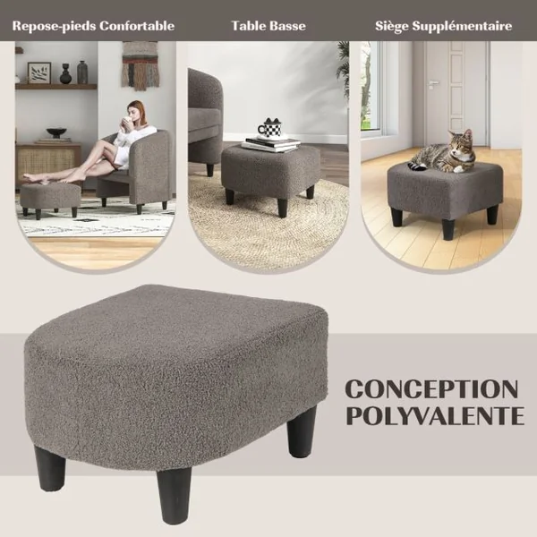 Fauteuil Tonneau avec Repose-pieds Fauteuil Rembourré avec Pouf Velours Doux Cadre en Bois Massif Patins Feutré Antidérapants Beige