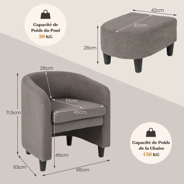 Fauteuil Tonneau avec Repose-pieds Fauteuil Rembourré avec Pouf Velours Doux Cadre en Bois Massif Patins Feutré Antidérapants Beige