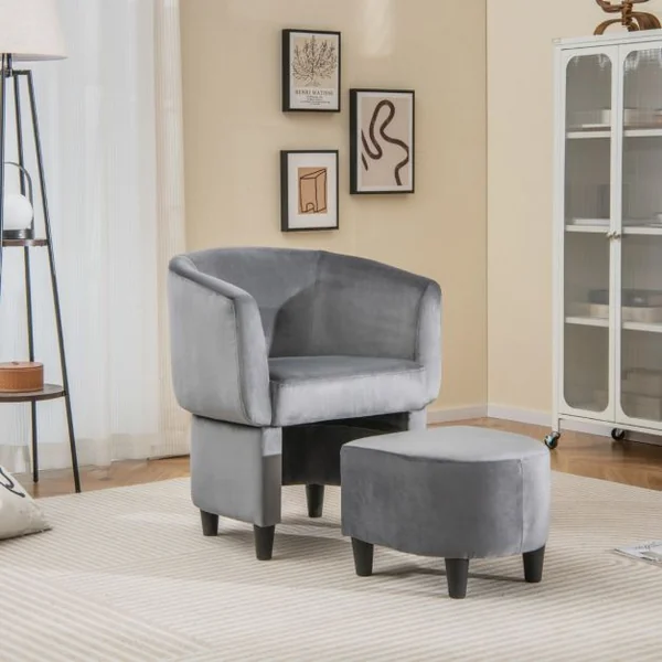 Fauteuil Tonneau Rembourré en Velours avec Repose-pieds Fauteuil d'Appoint avec Pouf Cadre en Bois Massif Patins en Feutre Antidérapants Gris