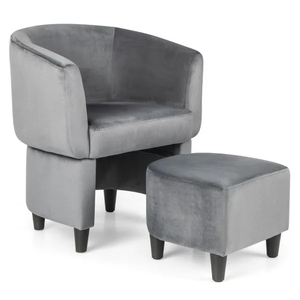 Fauteuil Tonneau Rembourré en Velours avec Repose-pieds Fauteuil d'Appoint avec Pouf Cadre en Bois Massif Patins en Feutre Antidérapants Gris