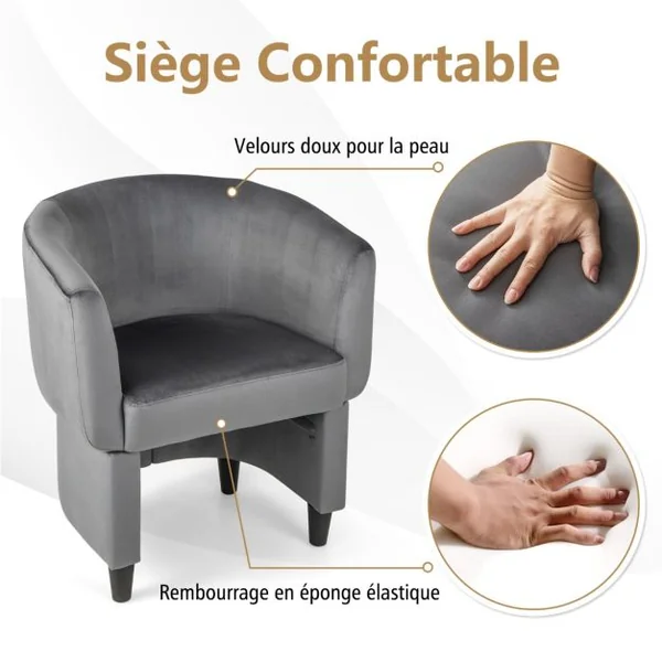 Fauteuil Tonneau Rembourré en Velours avec Repose-pieds Fauteuil d'Appoint avec Pouf Cadre en Bois Massif Patins en Feutre Antidérapants Gris