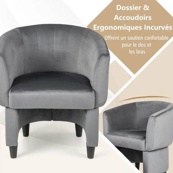 Fauteuil Tonneau Rembourré en Velours avec Repose-pieds Fauteuil d'Appoint avec Pouf Cadre en Bois Massif Patins en Feutre Antidérapants Gris