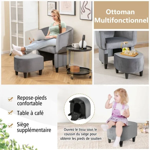 Fauteuil Tonneau Rembourré en Velours avec Repose-pieds Fauteuil d'Appoint avec Pouf Cadre en Bois Massif Patins en Feutre Antidérapants Gris