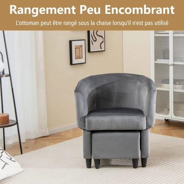 Fauteuil Tonneau Rembourré en Velours avec Repose-pieds Fauteuil d'Appoint avec Pouf Cadre en Bois Massif Patins en Feutre Antidérapants Gris