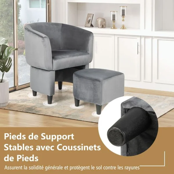 Fauteuil Tonneau Rembourré en Velours avec Repose-pieds Fauteuil d'Appoint avec Pouf Cadre en Bois Massif Patins en Feutre Antidérapants Gris
