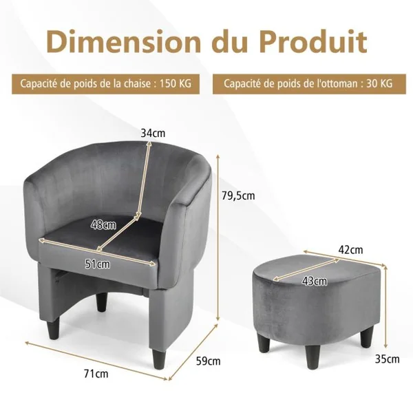 Fauteuil Tonneau Rembourré en Velours avec Repose-pieds Fauteuil d'Appoint avec Pouf Cadre en Bois Massif Patins en Feutre Antidérapants Gris
