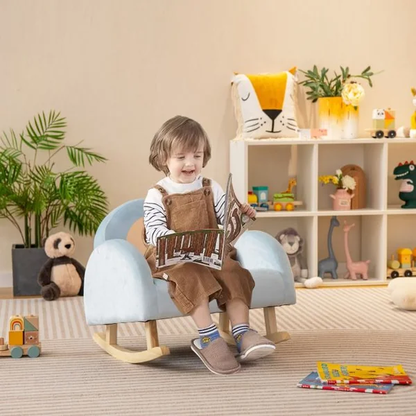 Fauteuil à Bascule Enfants en Peluche Charge 50kg Jolis Cadeaux pour Garçon Fille de 3-5 ans Bleu