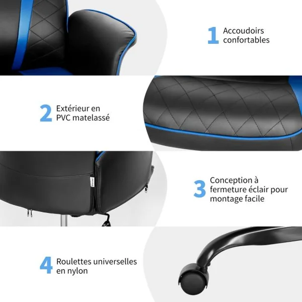 Fauteuil à Bascule Pivotante en Similicuir avec Accoudoir Hauteur Réglable Charge 150kg Bleu