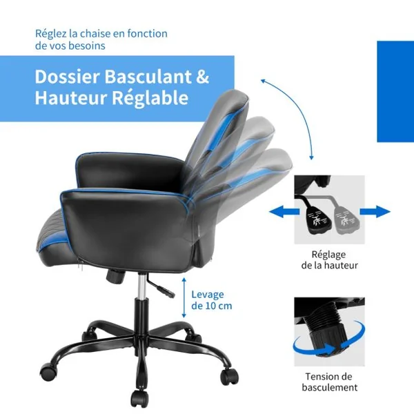 Fauteuil à Bascule Pivotante en Similicuir avec Accoudoir Hauteur Réglable Charge 150kg Bleu