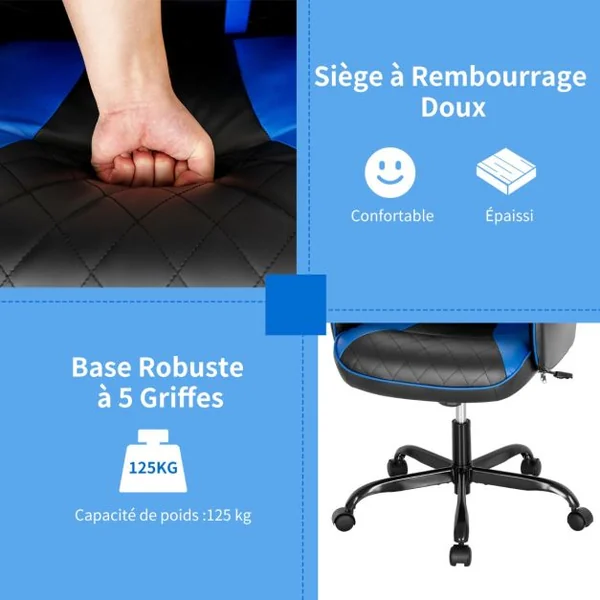 Fauteuil à Bascule Pivotante en Similicuir avec Accoudoir Hauteur Réglable Charge 150kg Bleu