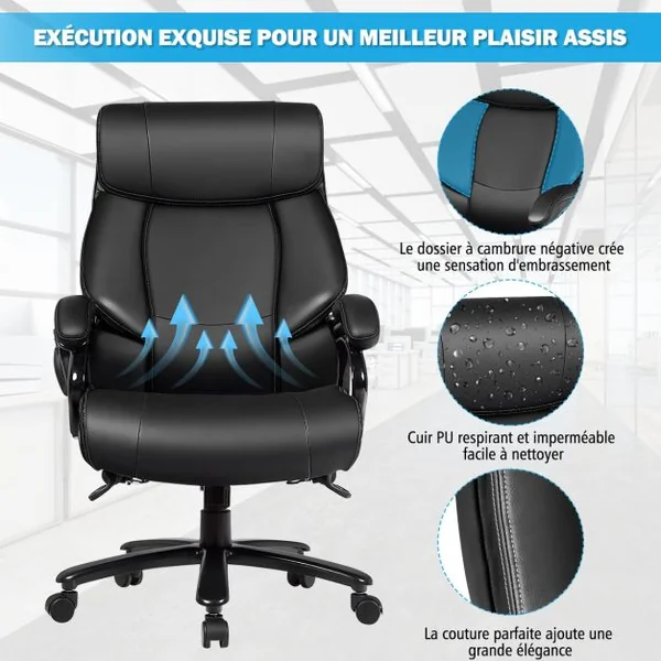 Fauteuil à Bascule Pivotante en Similicuir Ultra Souple Hauteur Réglable Base Robuste Noir Charge 200kg Noir