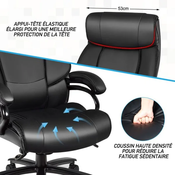 Fauteuil à Bascule Pivotante en Similicuir Ultra Souple Hauteur Réglable Base Robuste Noir Charge 200kg Noir