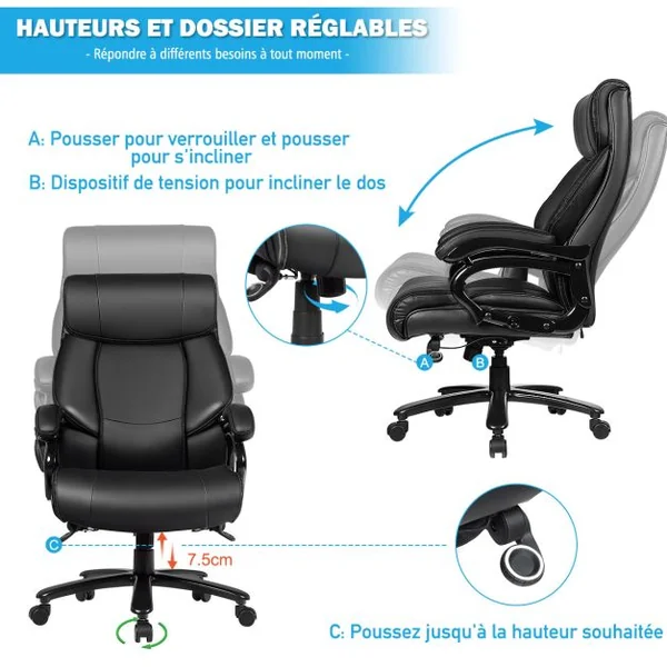 Fauteuil à Bascule Pivotante en Similicuir Ultra Souple Hauteur Réglable Base Robuste Noir Charge 200kg Noir
