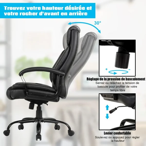 Fauteuil à Bascule Pivotante Ultra Souple en Similicuir Hauteur Réglable Base Robuste Noir Charge 220kg Noir
