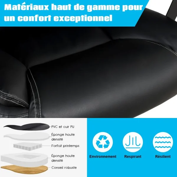 Fauteuil à Bascule Pivotante Ultra Souple en Similicuir Hauteur Réglable Base Robuste Noir Charge 220kg Noir
