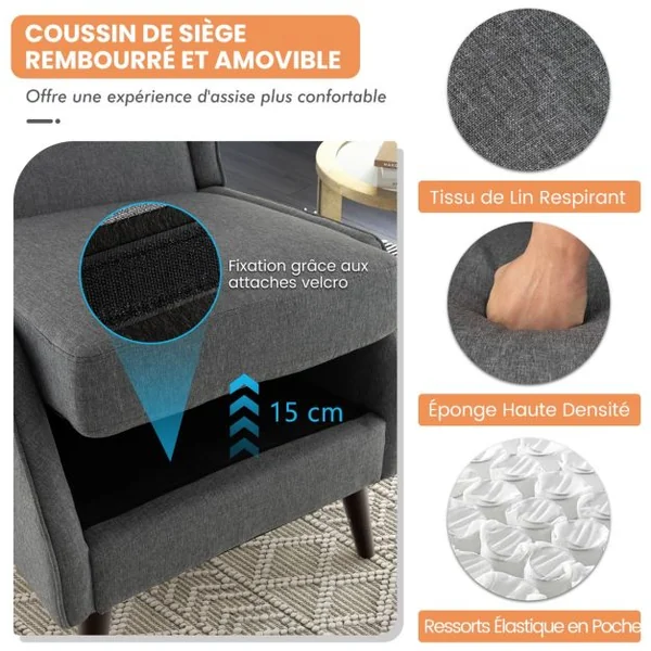 Fauteuil à Oreilles en Tissu Traditionnel Fauteuil de Lecture à Dossier Haut Coussin de Siège Amovible Chaise d'Appoint pour Salon Chambre Gris