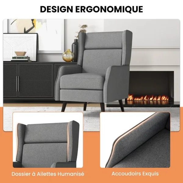 Fauteuil à Oreilles en Tissu Traditionnel Fauteuil de Lecture à Dossier Haut Coussin de Siège Amovible Chaise d'Appoint pour Salon Chambre Gris