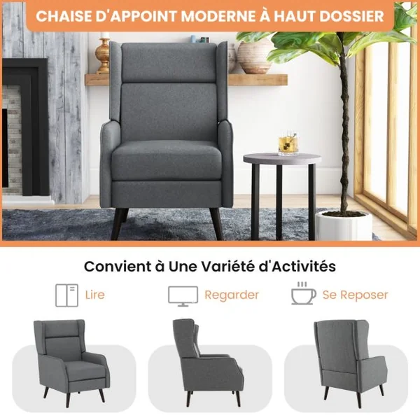 Fauteuil à Oreilles en Tissu Traditionnel Fauteuil de Lecture à Dossier Haut Coussin de Siège Amovible Chaise d'Appoint pour Salon Chambre Gris