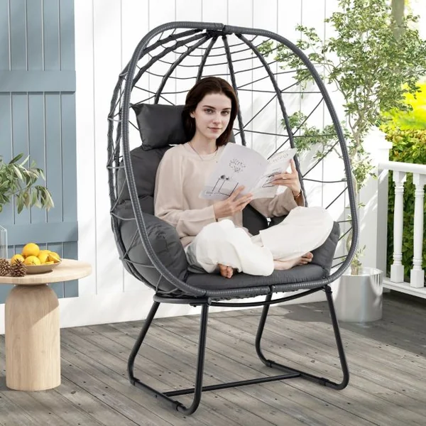 Fauteuil œuf en Rotin pour Patio Chaise Longue Surdimensionnée avec Coussin Amovible Oreiller & Support en Métal Beige/Gris