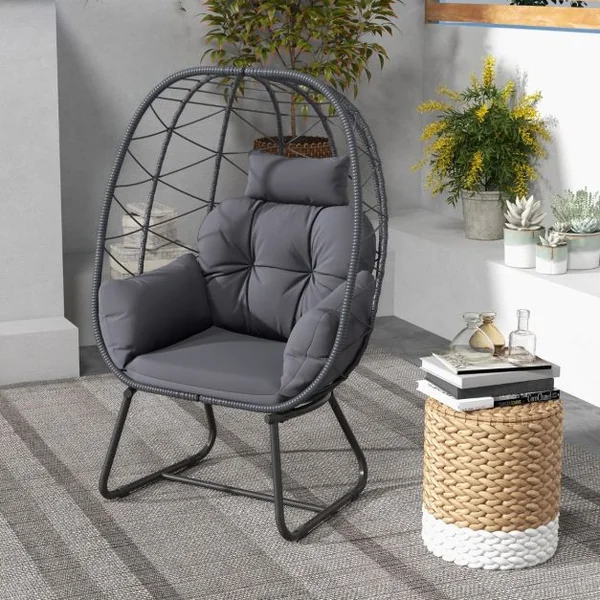 Fauteuil œuf en Rotin pour Patio Chaise Longue Surdimensionnée avec Coussin Amovible Oreiller & Support en Métal Beige/Gris