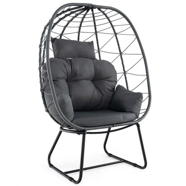 Fauteuil œuf en Rotin pour Patio Chaise Longue Surdimensionnée avec Coussin Amovible Oreiller & Support en Métal Beige/Gris